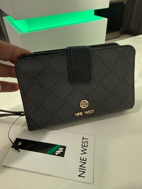 Nine West Black Quilted Logo Wallet with Gold Accent NWT